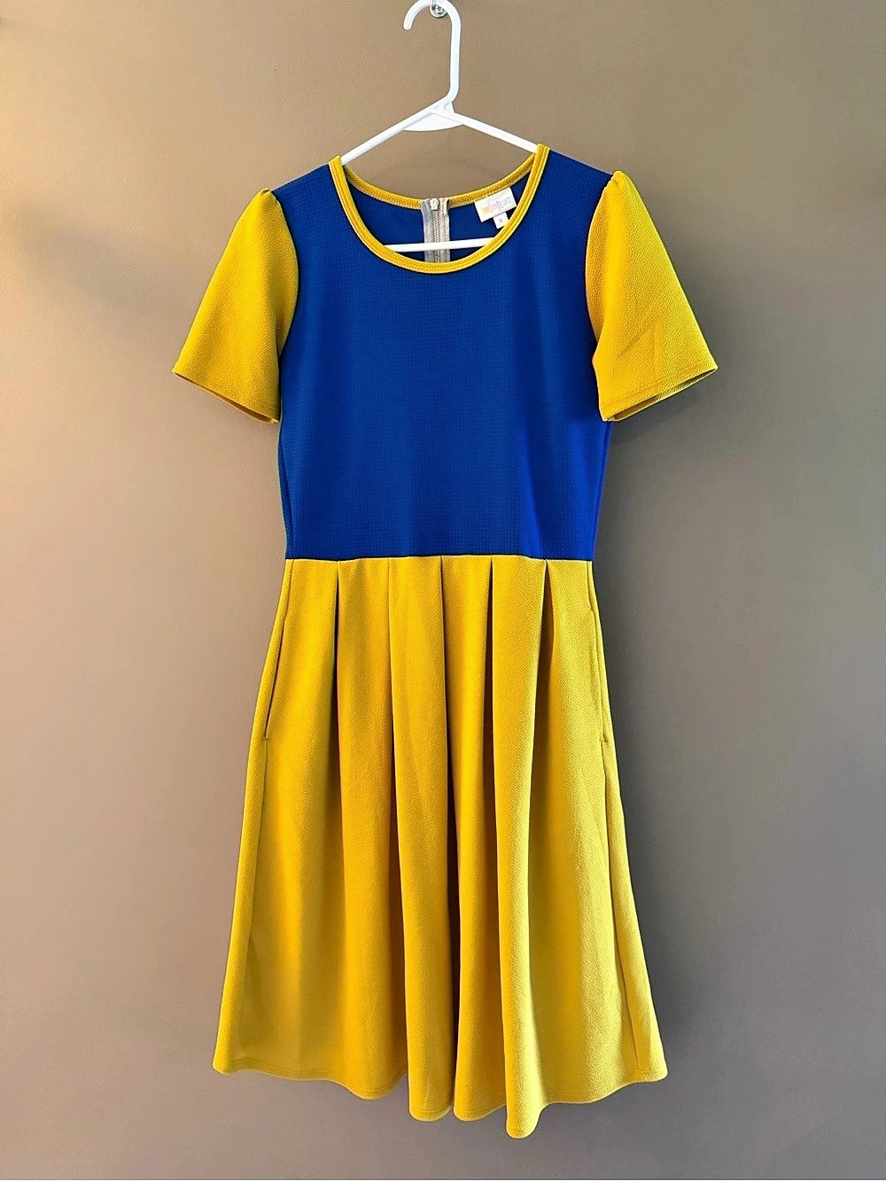 LuLaRoe Amelia Dress Color Block Blue & Yellow